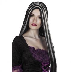 Perruque Femme - Sorcière - Chevelure Lisse Noire avec Mèches Grises