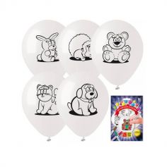 5 Ballons à colorier thème Peluches Animaux avec 3 feutres - 26 cm