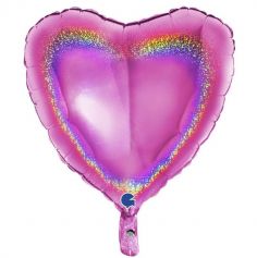 Ballon en aluminium holographique fuchsia cœur - 45 cm