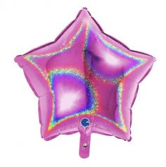 Ballon en aluminium holographique fuchsia étoile - 45 cm
