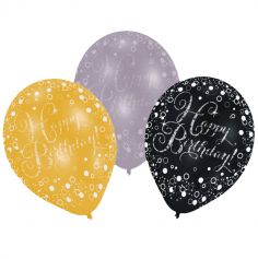 6 Ballons de Baudruche "Happy Birthday" - Argent / Noir / Doré