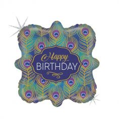 Ballon Happy Birthday - Plumes de Paon avec paillettes
