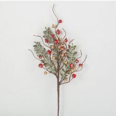 Branche enneigée de Baies dorées et rouges à paillettes dorées - 30 cm