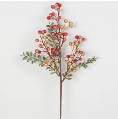 Branche enneigée de Baies dorées et rouges à paillettes dorées - 45 cm