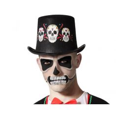 Chapeau haut de forme noir et ses têtes de mort Halloween | jourdefete.com