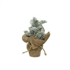 Mini arbre dans sac en jute avec neige et paillettes - 22 cm - Modèle au Choix