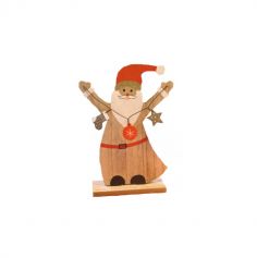 Père Noël en bois avec guirlande sur socle - 19 cm