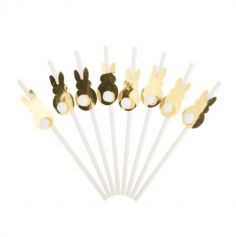 8 Pailles Lapin à pompons blanches et or de 19,5 cm | jourdefete.com