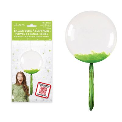 Ballon bulle transparent avec plumes et franges à suspendre couleur verte