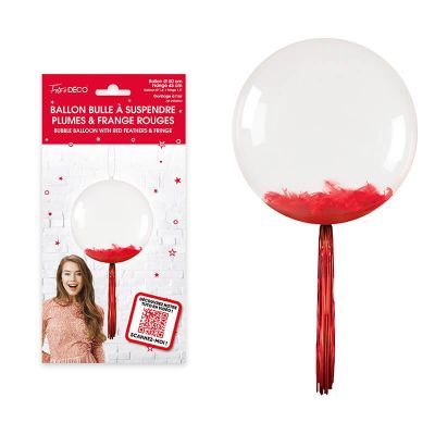 Ballon bulle transparent avec plumes et franges à suspendre couleur rouge