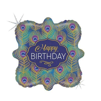 Ballon Happy Birthday - Plumes de Paon avec paillettes -  46 cm