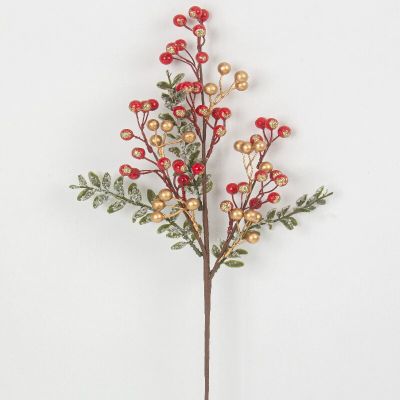 branche enneigée baies rouges et dorées paillettes 45 cm | jourdefete.com