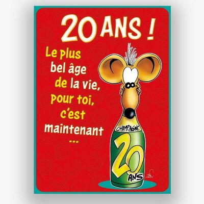 Carte d'anniversaire humour en folie avec une souris 20 ans champagne !