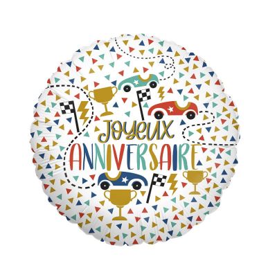 Ballon rond hélium - Joyeux Anniversaire - Voitures - 46 cm