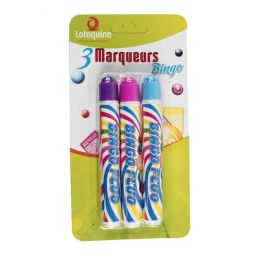 Lotoquine 3 marqueurs pour loto violet, rose, bleu carton jeton
